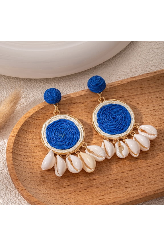 Women Summer Beach Ear Decor, Bohemian Raffia Shell Statement Dangle Earrings Handcrafted Straw Wrapped Cowrie Seashell Drop Tropical Casual Accessories, Dark Blue
