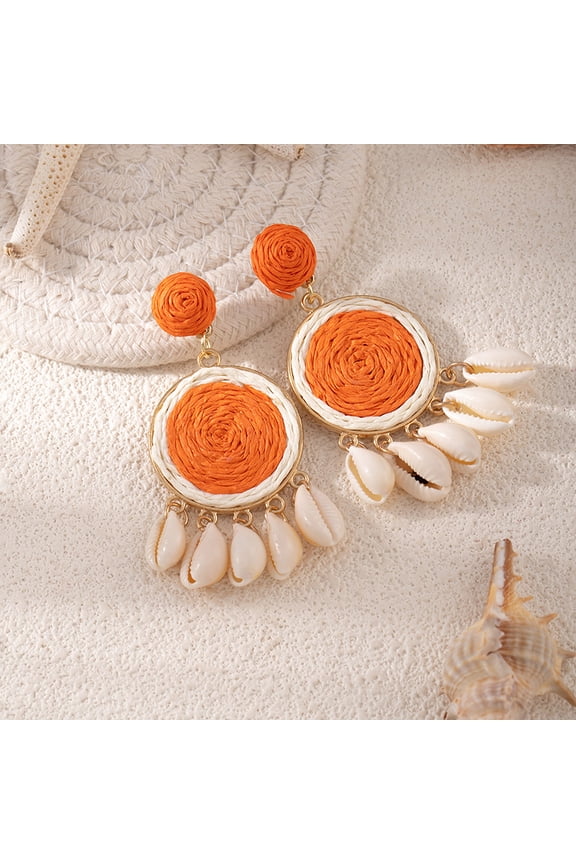 Women Summer Beach Ear Decor, Bohemian Raffia Shell Statement Dangle Earrings Handcrafted Straw Wrapped Cowrie Seashell Drop Tropical Casual Accessories, Orange