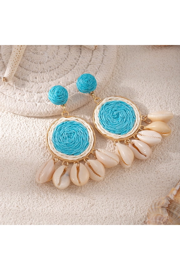 Women Summer Beach Ear Decor, Bohemian Raffia Shell Statement Dangle Earrings Handcrafted Straw Wrapped Cowrie Seashell Drop Tropical Casual Accessories, Light Blue