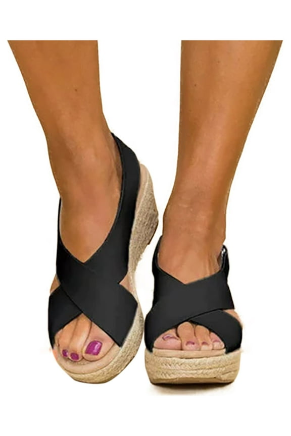 Women Wedge Platform Sandals Espadrille Slingback Ankle Buckle Peep Toe Summer ShoesSize US 6 Black