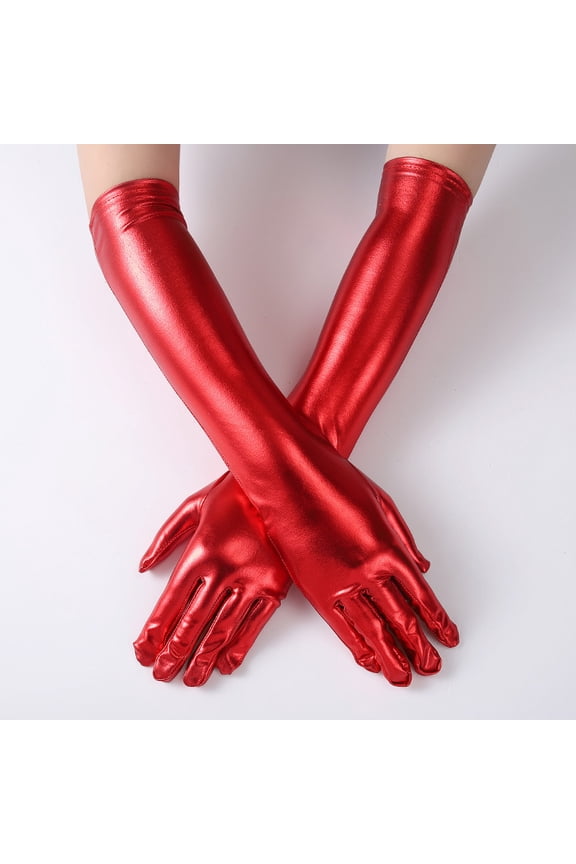 Women's 17.7" Long Metallic Satin Full-Finger Gloves, Cosplay Formal Vintage Costume Accessory, Red