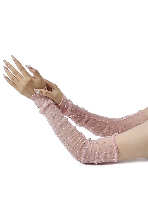Women's Elbow-Length Fingerless Glitter Gloves, Glamorous Opera Tea Party Formal Event Accessory, Pink