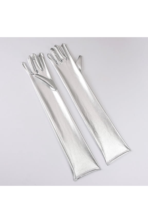Women's Elbow Length Metallic Gloves, 1920s Opera Cosplay Formal Evening Attire, Silver