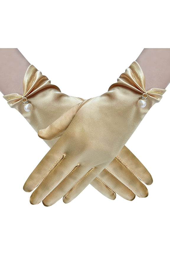 Women's Elegant Satin Wrist-Length Gloves, Formal Bridal Opera Gown Statement Accessory, Golden