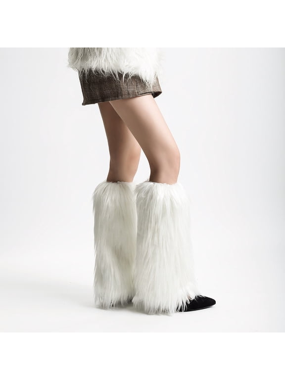 Women's Faux Fur Fuzzy Leg Warmers & Furry Boot Cuffs, Versatile Boot Covers Shoe Socks for Costumes & Winter Wear, 20cm, White