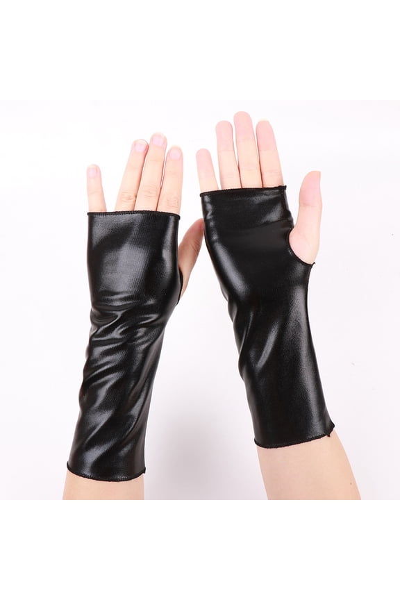 Women's Shiny Metallic Fingerless Gloves, Edgy Punk Rock Cosplay Stage Statement Accessory, Black