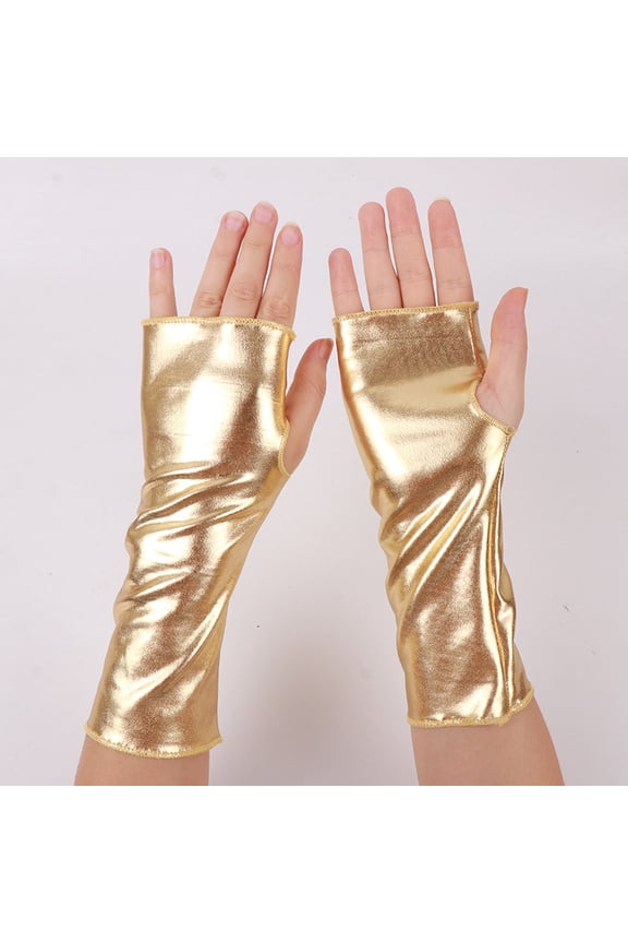 Women's Shiny Metallic Fingerless Gloves, Edgy Punk Rock Cosplay Stage Statement Accessory, Golden
