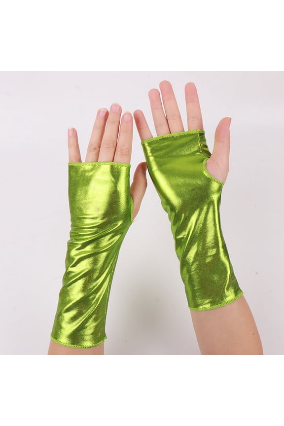 Women's Shiny Metallic Fingerless Gloves, Edgy Punk Rock Cosplay Stage Statement Accessory, Green