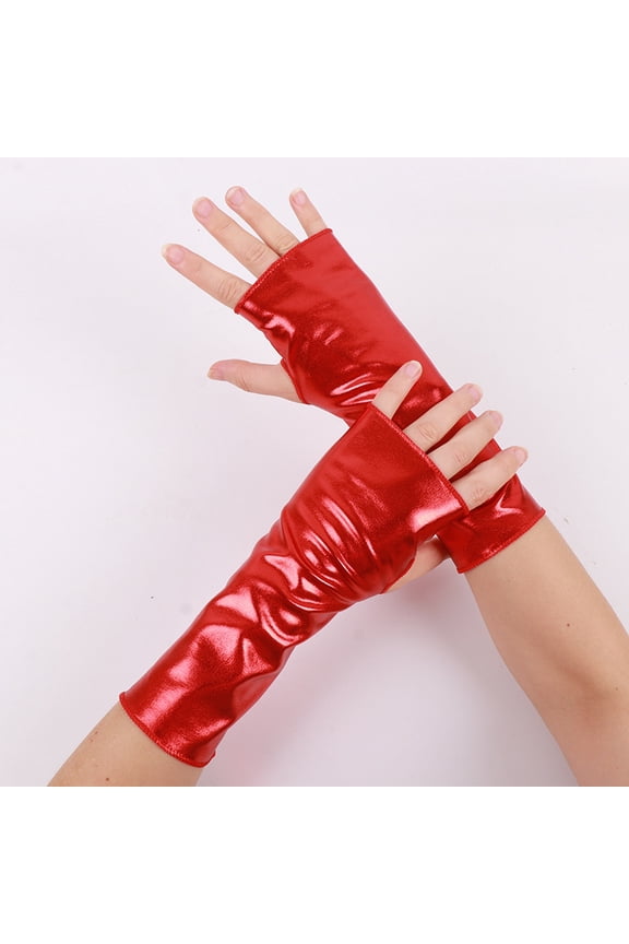 Women's Shiny Metallic Fingerless Gloves, Edgy Punk Rock Cosplay Stage Statement Accessory, Red
