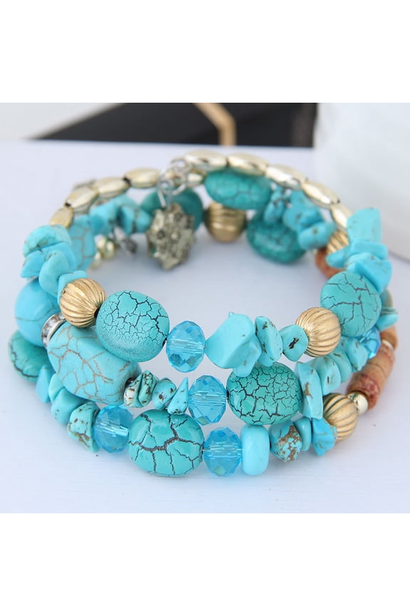 Women's Summer Retro Multilayer Wrap Bracelet with Irregular Beads & Flower Charm, Ethnic Statement Jewelry for Daily Wear, Blue
