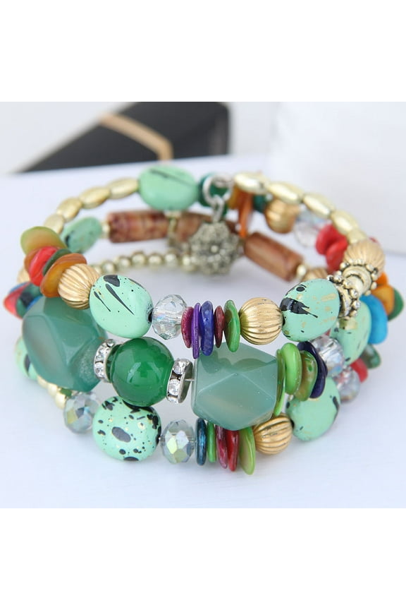 Women's Summer Retro Multilayer Wrap Bracelet with Irregular Beads & Flower Charm, Ethnic Statement Jewelry for Daily Wear, Green