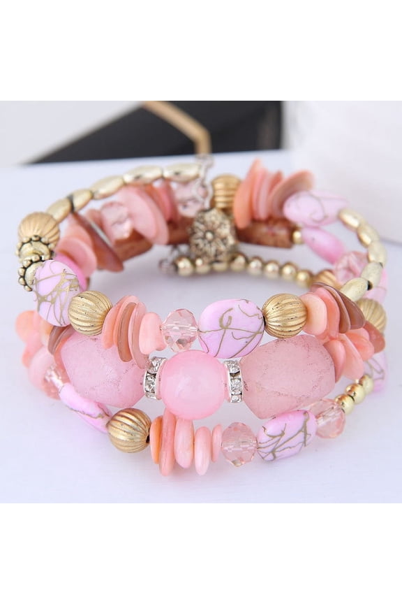 Women's Summer Retro Multilayer Wrap Bracelet with Irregular Beads & Flower Charm, Ethnic Statement Jewelry for Daily Wear, Pink