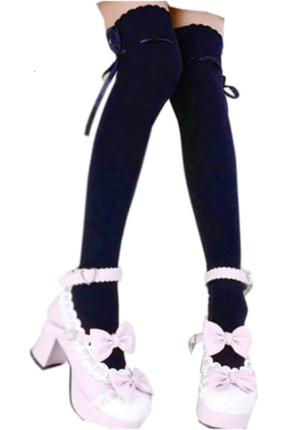 Women's Thigh High Socks Lolita Over Knee Stocking Lace Up Thigh Stockings - Black