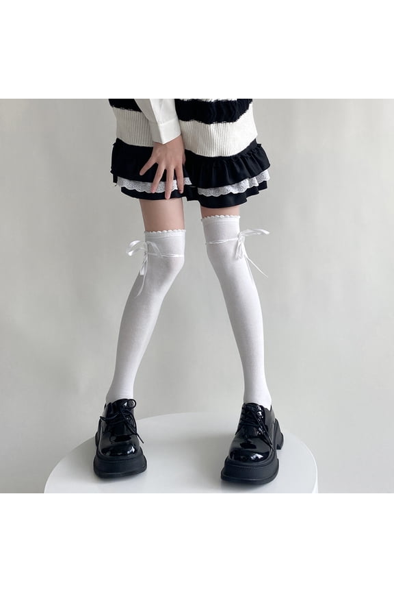 Women's Thigh High Socks Lolita Over Knee Stocking Lace Up Thigh Stockings - White
