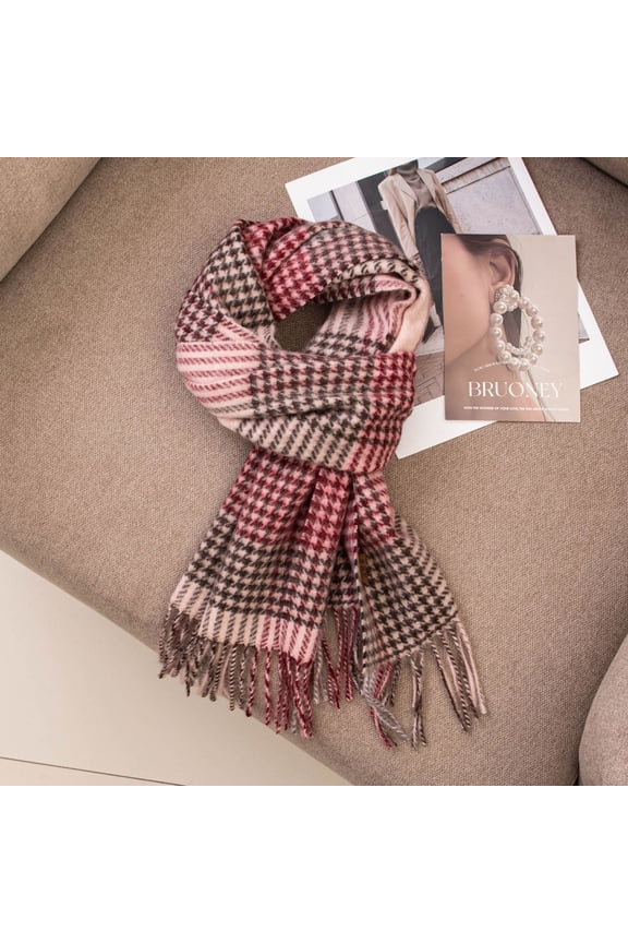 Womens Wool Chunky Plaid Tassel Scarf, Long Large Warm Soft Winter Blanket ShawlStyle G,Red and Black