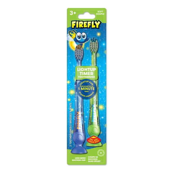 Firefly Light Up Timer Kids Toothbrush, Premium Soft Bristles, Blue and Green, 2 Count