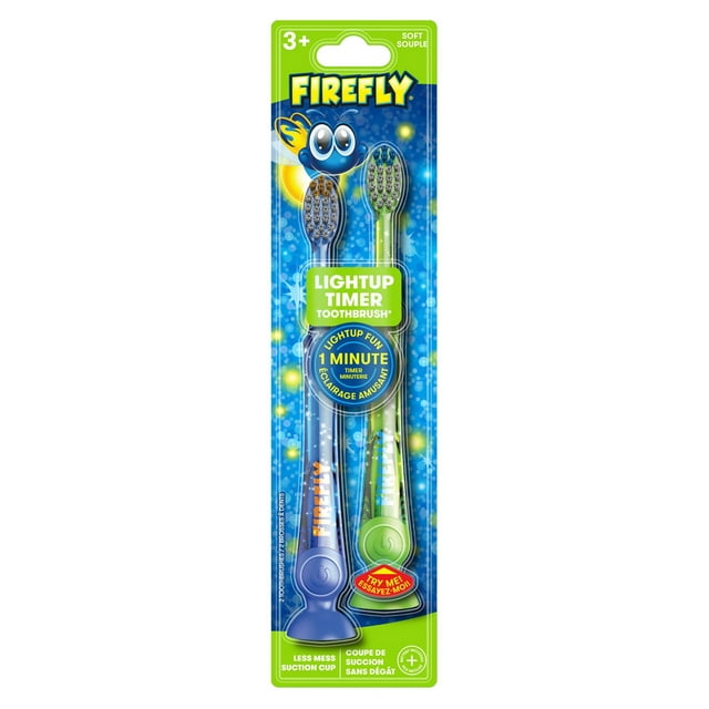 Firefly Light Up Timer Toothbrush, Premium Soft Bristles, Ages 3+, 2 Count (Colors May Vary)