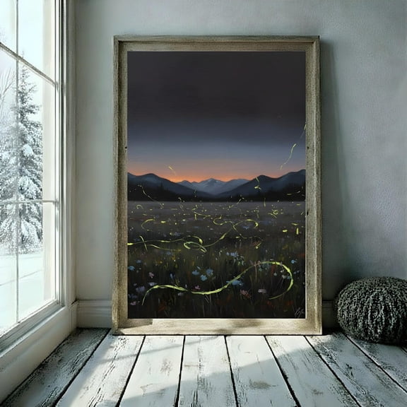 Firefly Meadow Print, Moody Twilight Landscape, Mountain Sunset Art, Wildflower Wall Decor , Poster Print Only