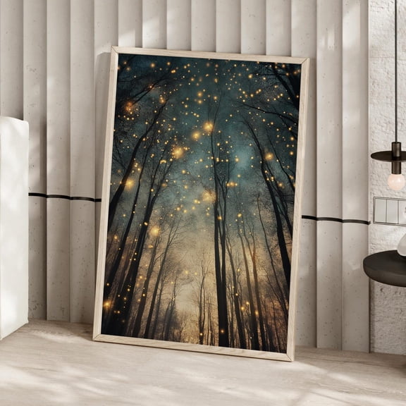 Firefly Night Forest Wall Art Print, Whimsical Cottagecore Landscape, Living Room And Gallery Wall Decor