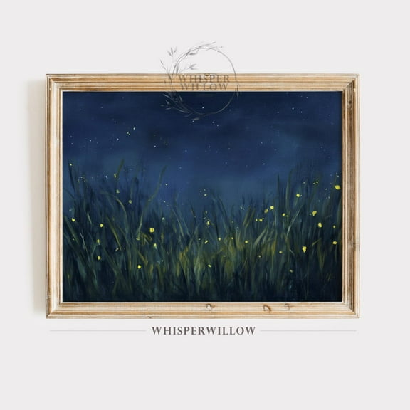 Firefly Night Meadow, Able, Dark Blue Starry Sky, Lightning Bugs Art, Magical Evening Decor, Nature Grass Field Home Decor, 24x36 UNFRAMED