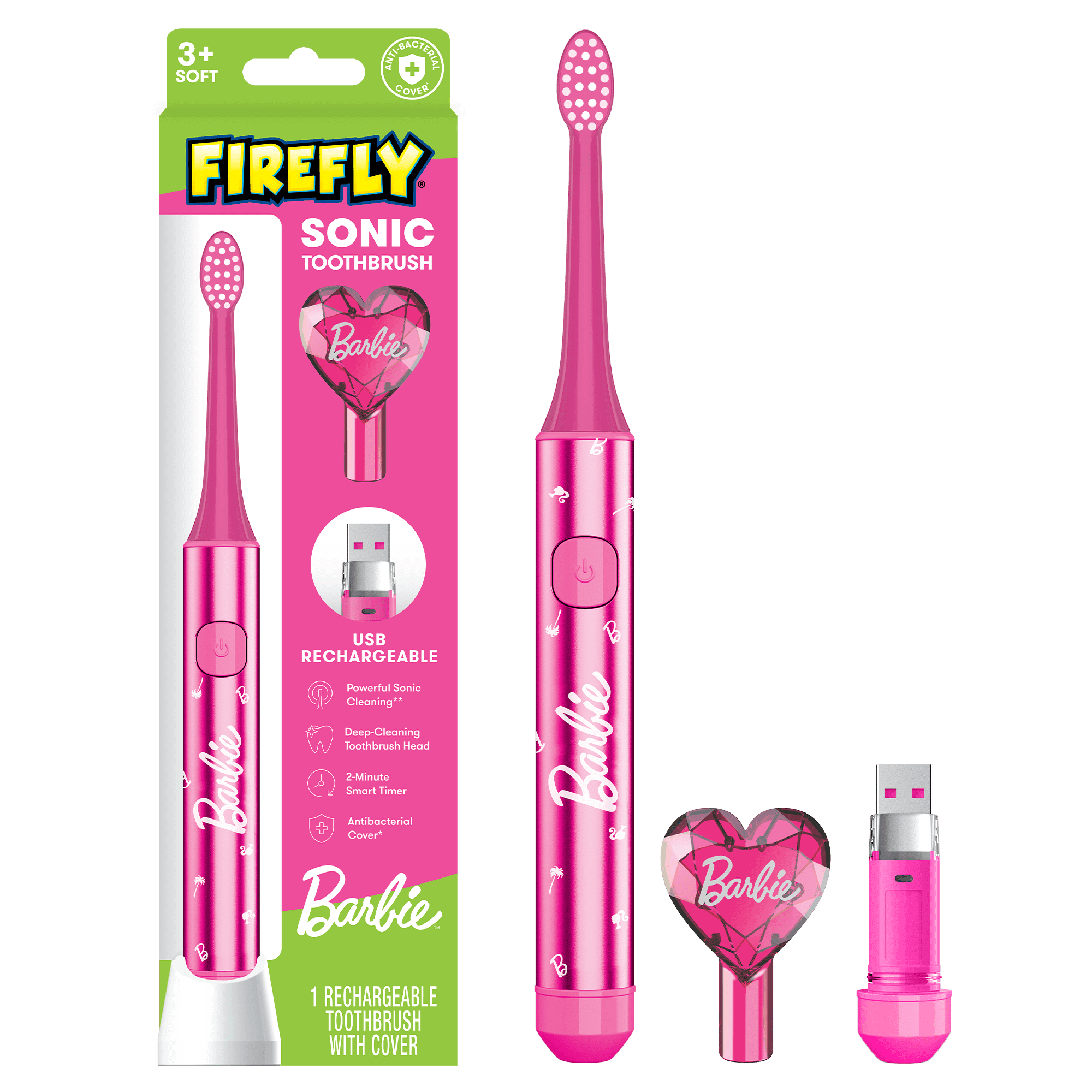 Firefly Slim Sonic Barbie Toothbrush with USB Charging and Antibacterial Cover, Ages 3+, 1 Count