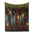 thumbnail image 1 of Firefly Soft Flannel Fleece Blanket, Fairy Forest Woodland with Lanterns and Insects Night Cartoon Design, Cozy Plush for Indoor and Outdoor Use, 50" x 70", Olive Green and Redwood, by Ambesonne, 1 of 6