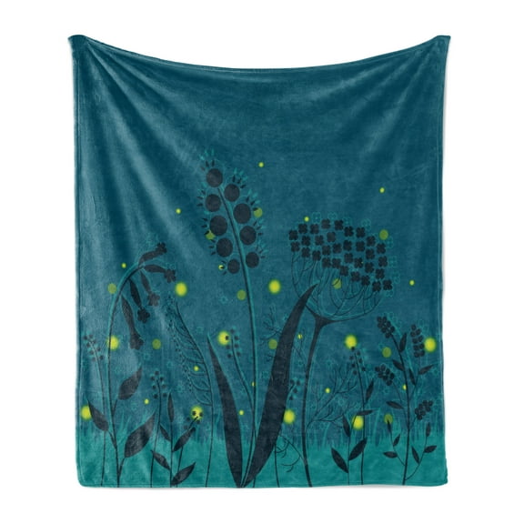 Firefly Soft Flannel Fleece Throw Blanket, Summer Night Forest Grass Ferns Branches Botanical Leaves with Bugs Print, Cozy Plush for Indoor and Outdoor Use, 50" x 70", Dark Teal Yellow, by Ambesonne