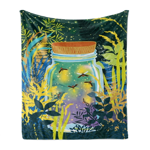 Firefly Soft Flannel Fleece Throw Blanket, Surreal Forest Landscape with Magic Bugs in the Glass Jar Ferns Trees Woodland, Cozy Plush for Indoor and Outdoor Use, 50" x 70", Multicolor, by Ambesonne