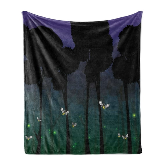 Firefly Soft Flannel Fleece Throw Blanket, Surreal Forest with Magic Wings Fairy Branches Beetles Kids Cartoon, Cozy Plush for Indoor and Outdoor Use, 60" x 80", Dark Brown Violet, by Ambesonne