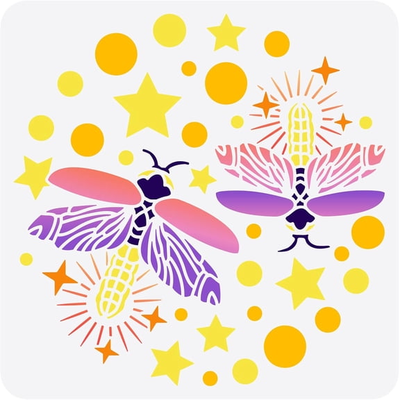 Firefly Stencil 11.8x11.8 inch Firefly Painting Stencil Plastic Two Firefly Stars Round Pattern Stencil Reusable Wild Animal Stencil for Painting on Wood Wall DIY Art Projects Home Decor White