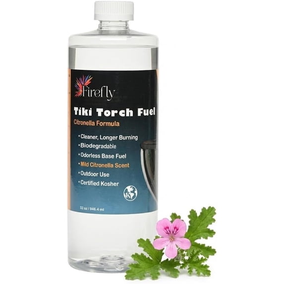 Firefly Fuel Tiki Torch Fuel, Citronella Oil, Long Burning, Less Smoke, Clear, 32 oz