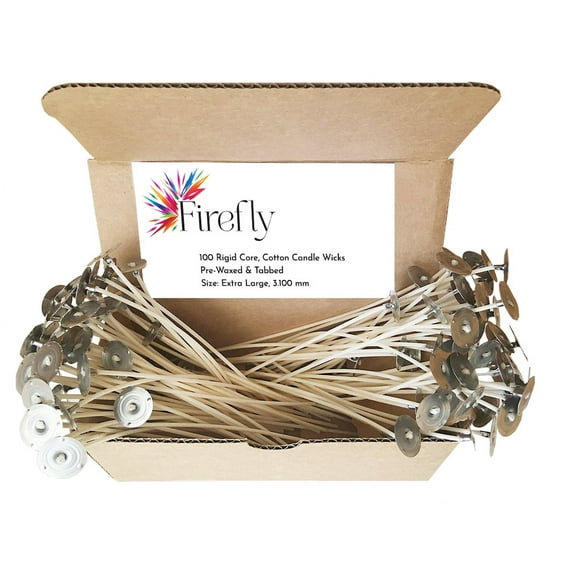 Firefly Wax Cotton Candle Wicks, Medium, 6 in Length, 20 mm Tabs, Box of 100
