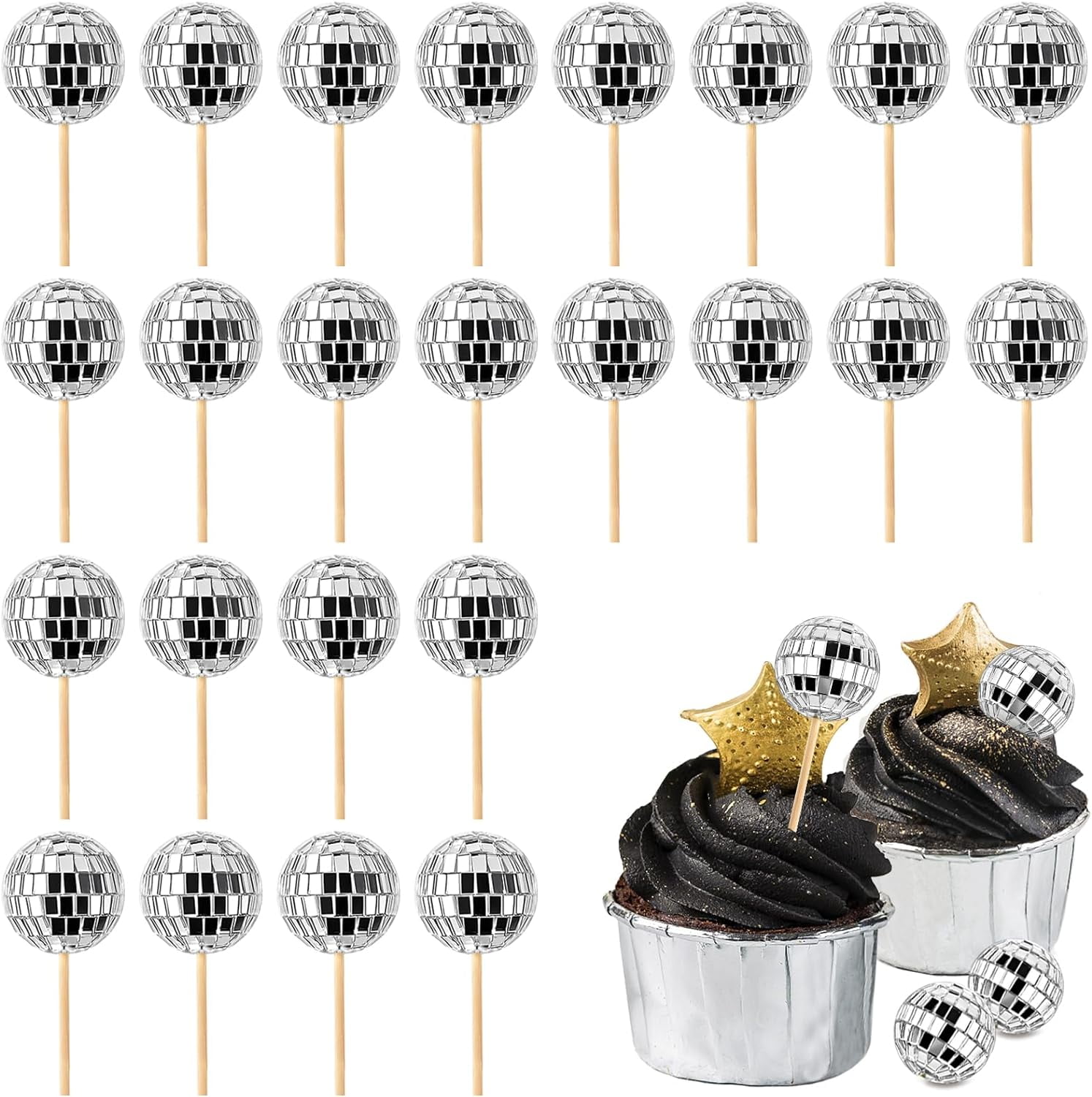 20 Stück Discokugel Tortendeko | Disco Cupcake Toppers 70er Jahre Party