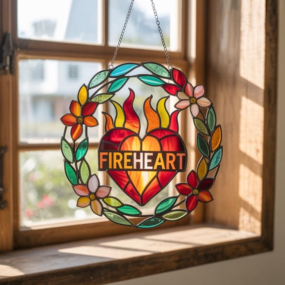 Fireheart Acrylic Suncatcher, Fantasy Book Inspired Window Decor, Floral Heart Glass Art, Throne of Glass Fan Gift, Empowerment Home Decor