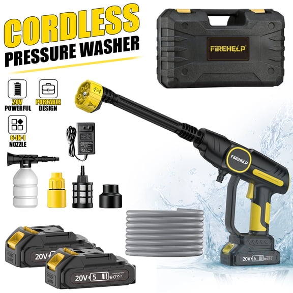 Firehelp 20V Cordless Pressure Washer, Portable Design, 6-in-1 Nozzle