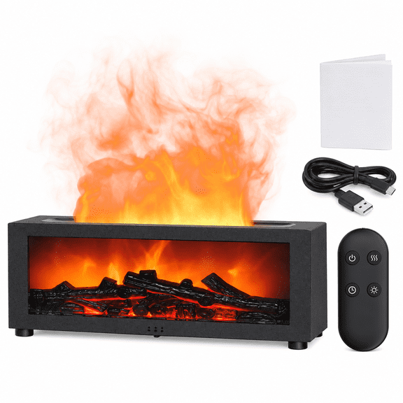 Firehome Flame Diffuser, Fireplace Effect Essential Oil Diffuser with 150ml Water Tank, Humidifier, 7-Color Ambient Light, Remote Control, 3 Timer Settings