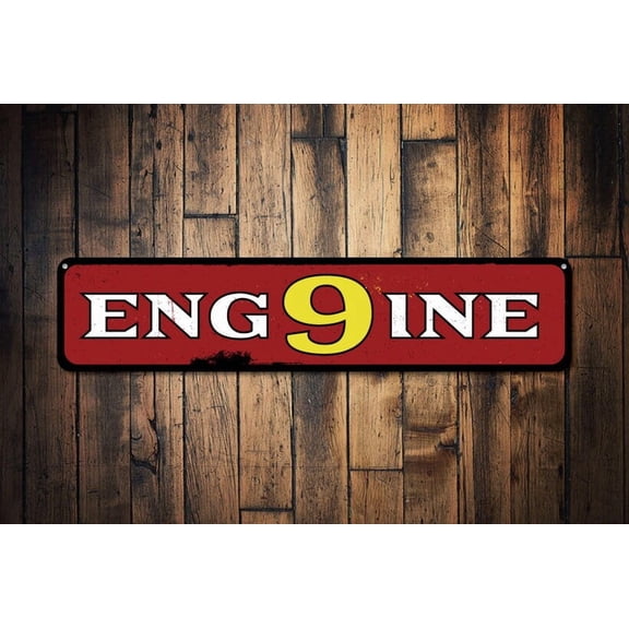 Firehouse Engine Number 9 Sign Firefighter Man Cave Firehouse Decor Metal Fire Station Sign - Engine Signs - Size: 16 x 4 Inches