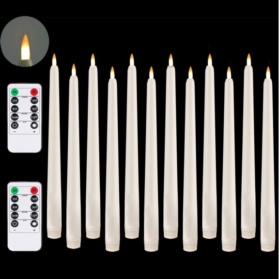 Fireless Window Candle, Cone Battery Powered LED Timed Warm 3D Wick Candle Plastic with Base, 12 Piece Set with 10 Key Remote, Home Wedding Decor (0.78x9.84 inches)