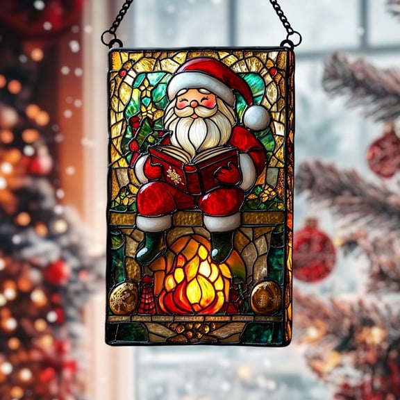 Firelit Acrylic Santa Storytime Suncatcher Stained Glass Window Ornament with Glowing Hearth, Holly Garland & Cozy Christmas Dcor
