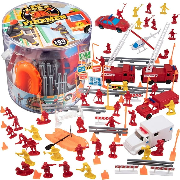 Fireman Action Toy Figures - Firefighter Toys Figurines - 100 Pieces, 17 Unique Sculpts- Includes Firemen, Firetrucks, Ambulances, and More