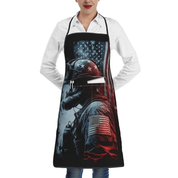 Fireman American Flag Apron with Pocket Cooking Waterproof Bib Aprons for Kitchen Baking Chef Gardening BBQ