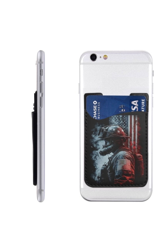 Fireman American Flag Phone Card Holder Stick On ID Credit Card Wallet Cell Phone Case Pouch Sleeve Pocket for iPhone Android Smartphones