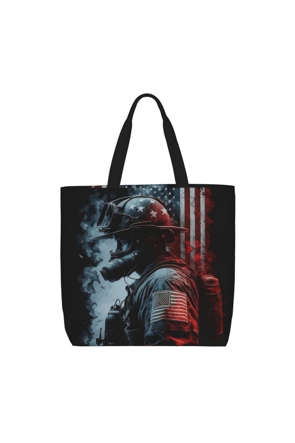 Fireman American Flag Tote Bag Reusable Shoulder Handbag Top Handle Purse for Shopping Work