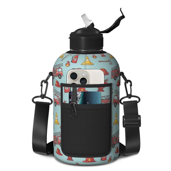 Fireman and Cone Blue Pattern 74oz Half Gallon Water Bottle with Sleeve, Gym Hydration Bottle with Strap & Storage Pocket, Straw Flip Lid Gifts for Gym Outdoor Office Travel