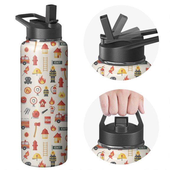 Fireman and Exit Beige Pattern Insulated Water Bottle with Straw, Vacuum Insulated Portable Hydration Bottle Double Wall Vacuum Insulation Gifts Ideas for Teens Adults Office Workers Teachers