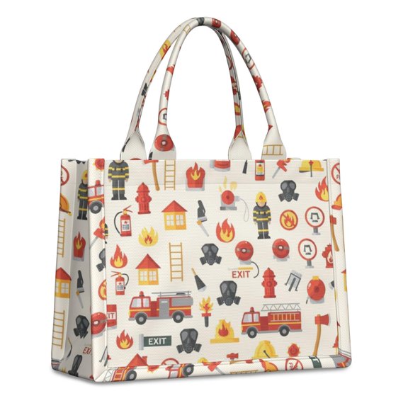Fireman and Exit Beige Pattern Tote Bag, Shopping Handbag with Interior Pockets & Top Handle, Smooth Zipper Gifts for Work Shopping Travel,15.7 X 5.1 X 13 Inches