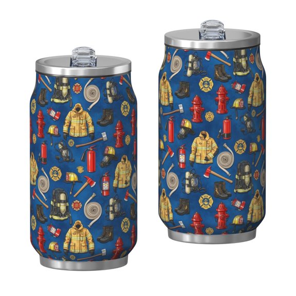 Fireman and Extinguisher Blue Pattern Insulated Water Can, Vacuum Insulated Portable Thermal Can Sweat Free Gifts Ideas for Students Teachers Office Workers