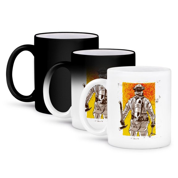 3drose, Fireman Firefighter with Yellow and Red Background, 11oz Magic Transforming Mug