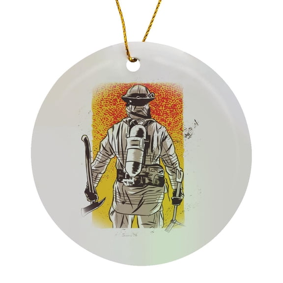 3drose, Fireman Firefighter with Yellow and Red Background, Circle Porcelain Ornament
