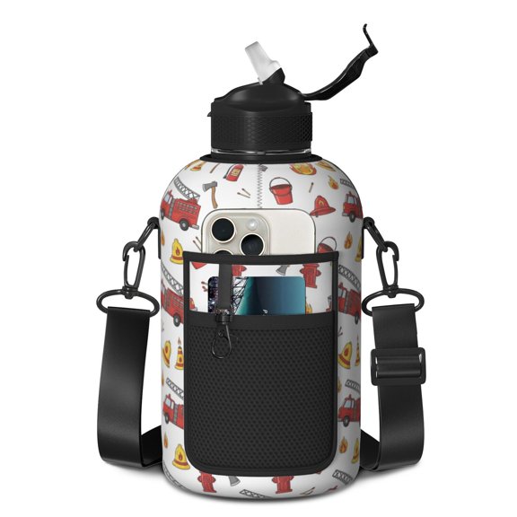 Fireman and Flame White Pattern 74oz Half Gallon Water Bottle with Sleeve, Gym Hydration Bottle with Strap & Storage Pocket, Straw Flip Lid Gifts for Birthday Christmas Thanksgiving